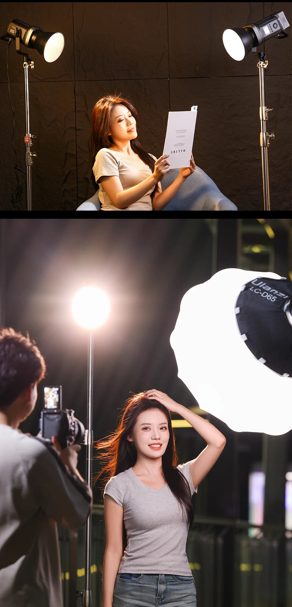 Ulanzi LC-D65 parabolic softbox with diffuser, used for professional studio lighting and portrait photography.