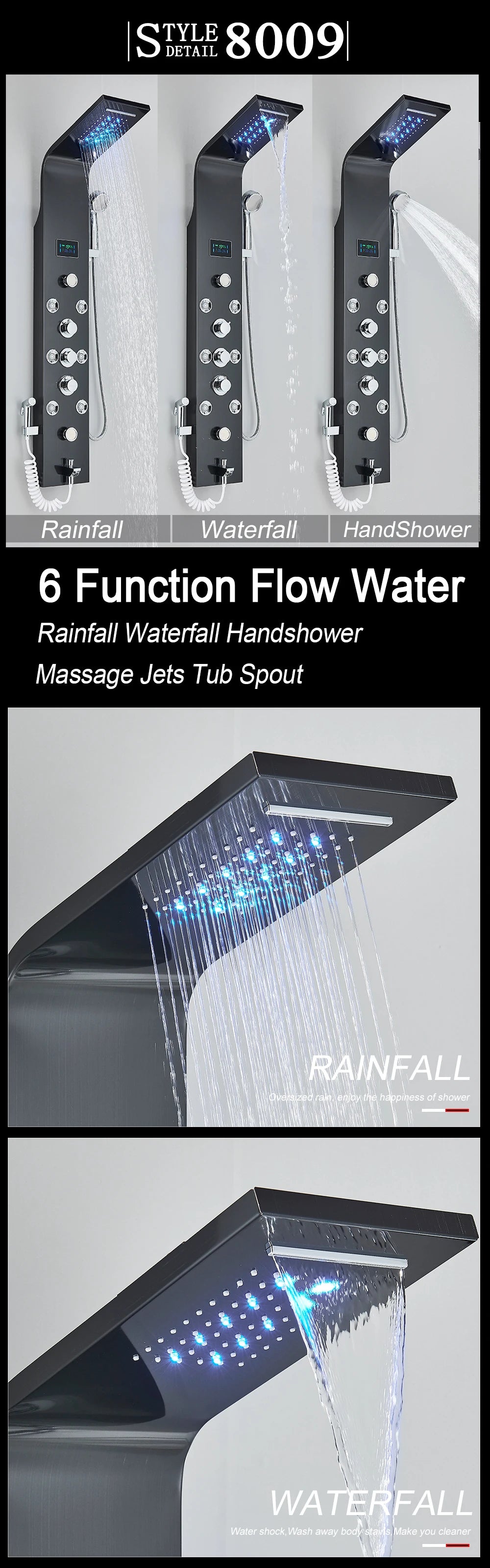 LED Light Shower Faucet Bathroom SPA Massage Jet Shower Column System Waterfall Rain Shower Panel Bidet Sprayer Tap