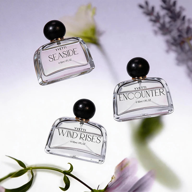 Yvette Seaside, Encounter, Wind Rises luxury perfume set for women. Long-lasting floral scent in unique glass bottles.