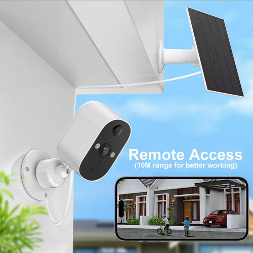 Solar WiFi security camera with white wall-mounted camera and black solar panel