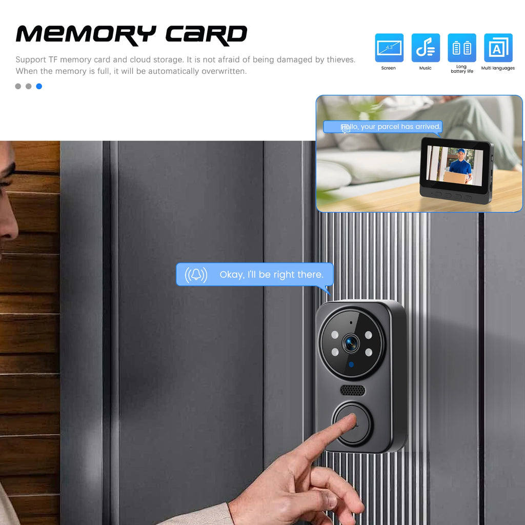 Podofo 4.3" Monitor Wireless Doorbell Camera Infrared Night Vision Door Ring Intercom Video Two-Way Audio Visual Doorbell Monit