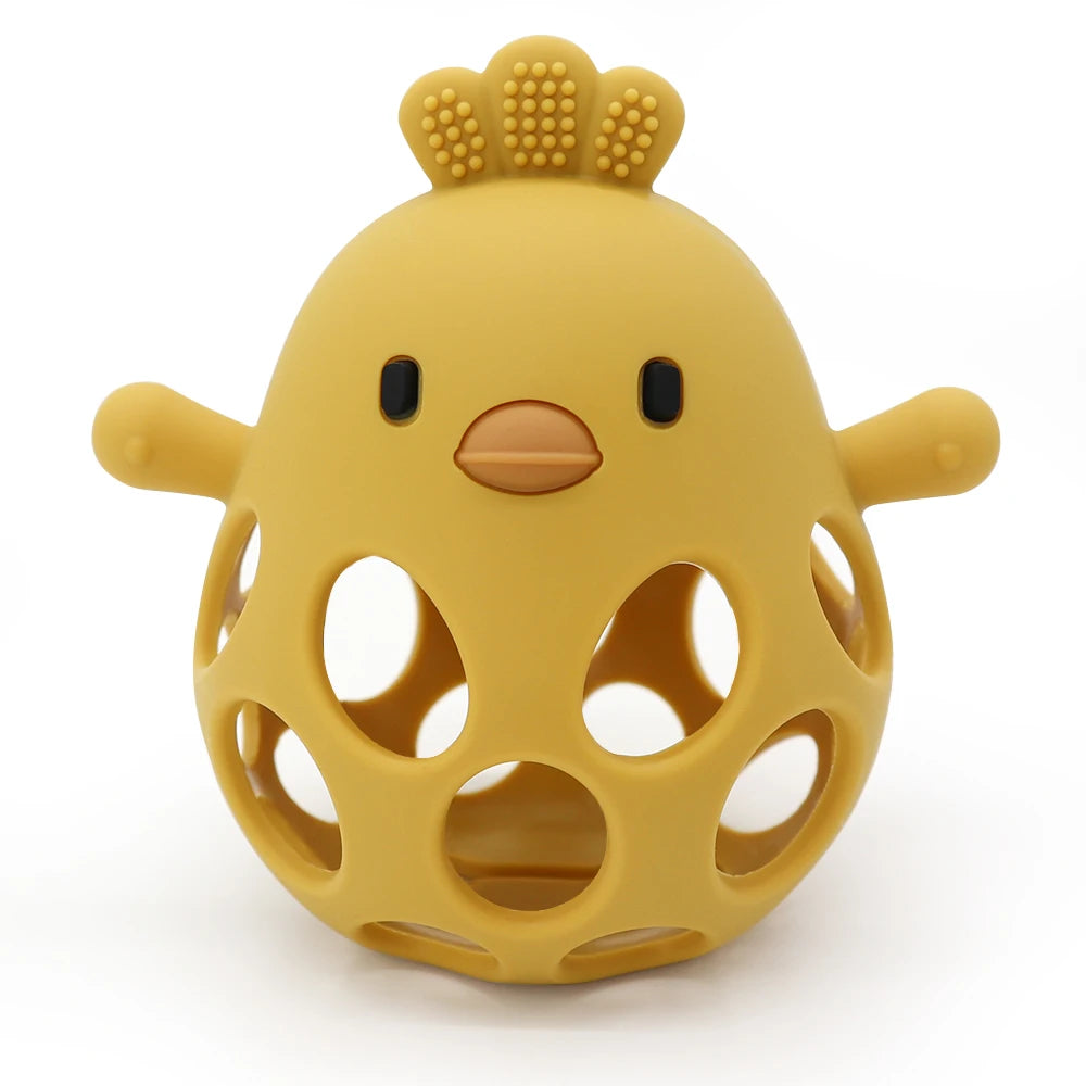 Yellow chicken silicone baby teething toy for soothing gum pain.