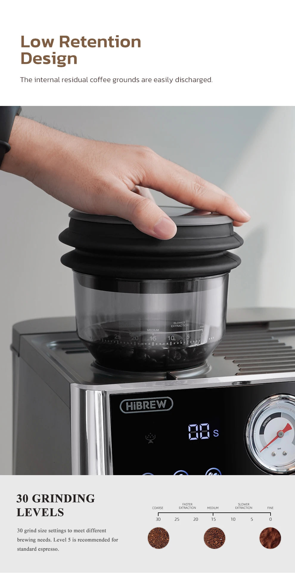 HiBREW espresso machine hopper with low retention design, black plastic material, and adjustable grind settings.