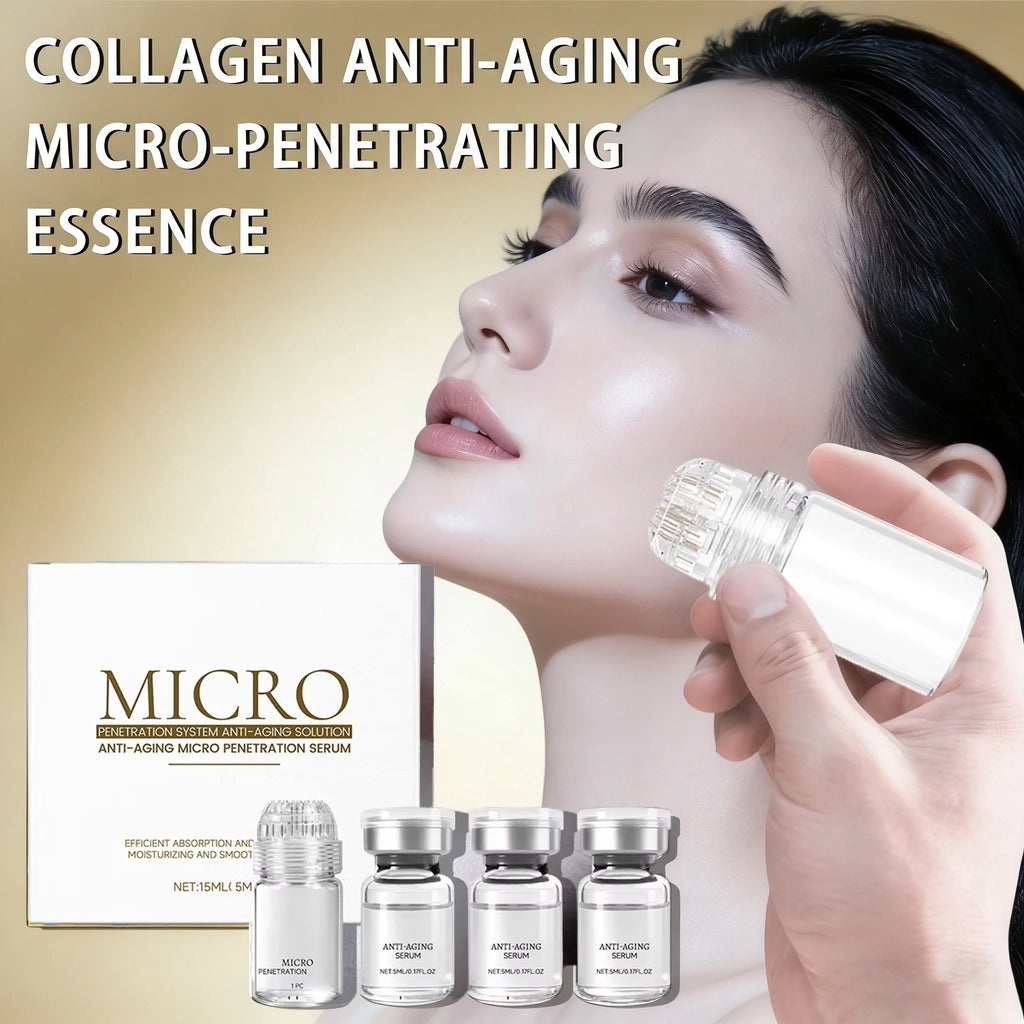 Collagen Anti-Aging Micro-Penetrating Essence set with firming vials and applicator for skincare and pore-cleaning.
