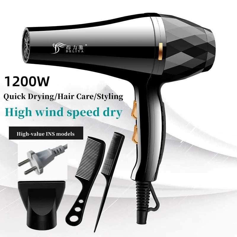 Black 1200W professional hair dryer with nozzle and combs for fast, constant temperature styling and hair care.