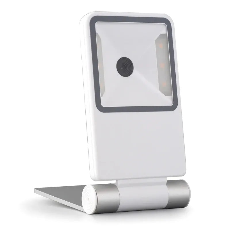 Foldable desktop 2D barcode scanner in white with scanning window and stand base
