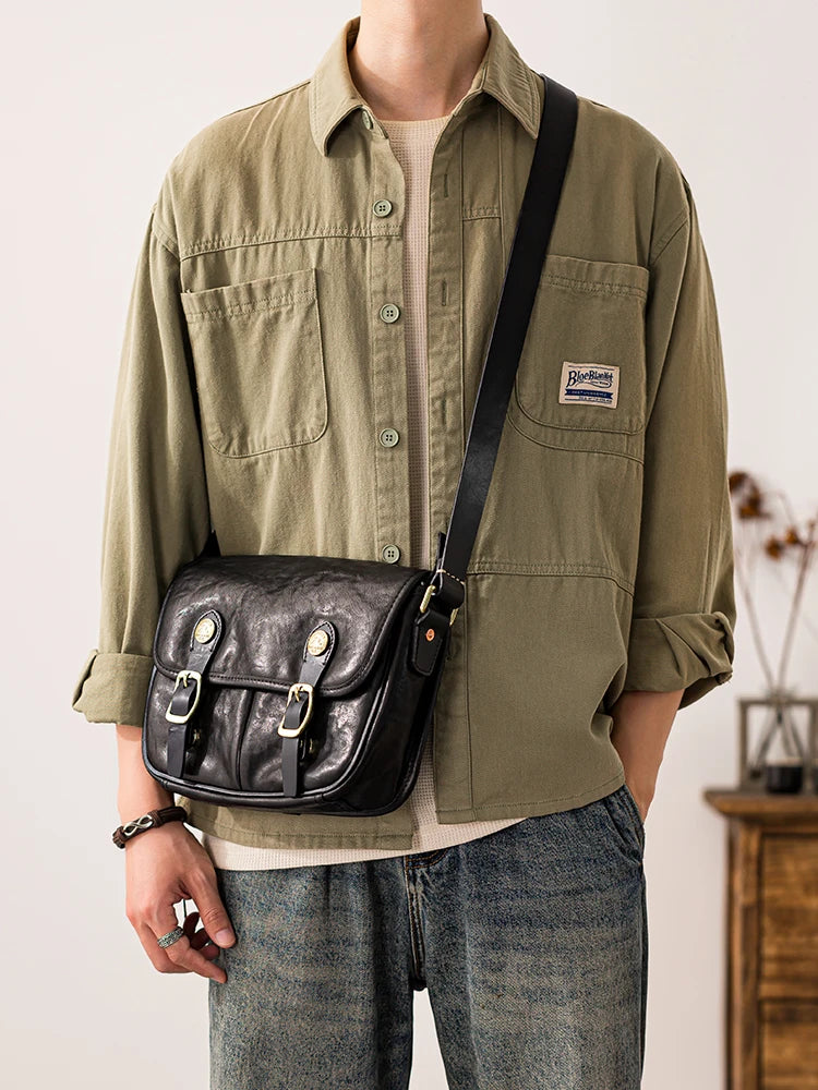 vintage designer handmade high-quality genuine leather men's messenger bag Outdoor casual cow leather work black shoulder bag