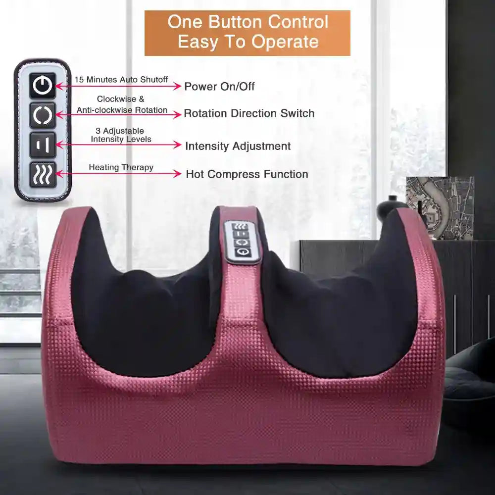 Red electric shiatsu foot massager with heating therapy, kneading rollers, and one-button control panel for pain relief.