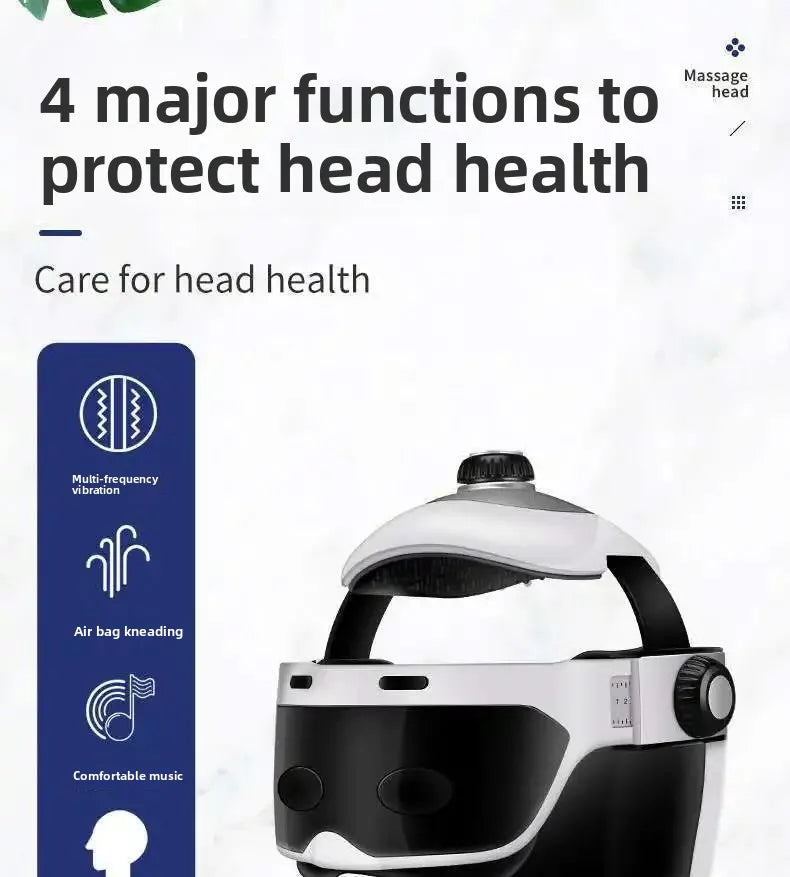 White and black integrated head and eye massager helmet with air bag kneading and vibration for scalp therapy.