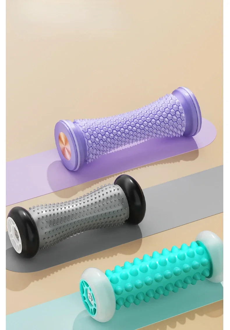 Purple, grey, and teal textured foot massage rollers for plantar fasciitis relief and muscle relaxation.