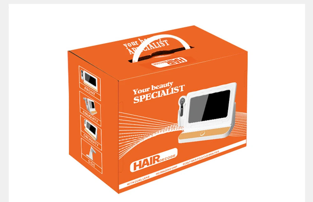 Orange retail box for 10-inch HD scalp and hair follicle analyzer microscope with dual lens and display screen.