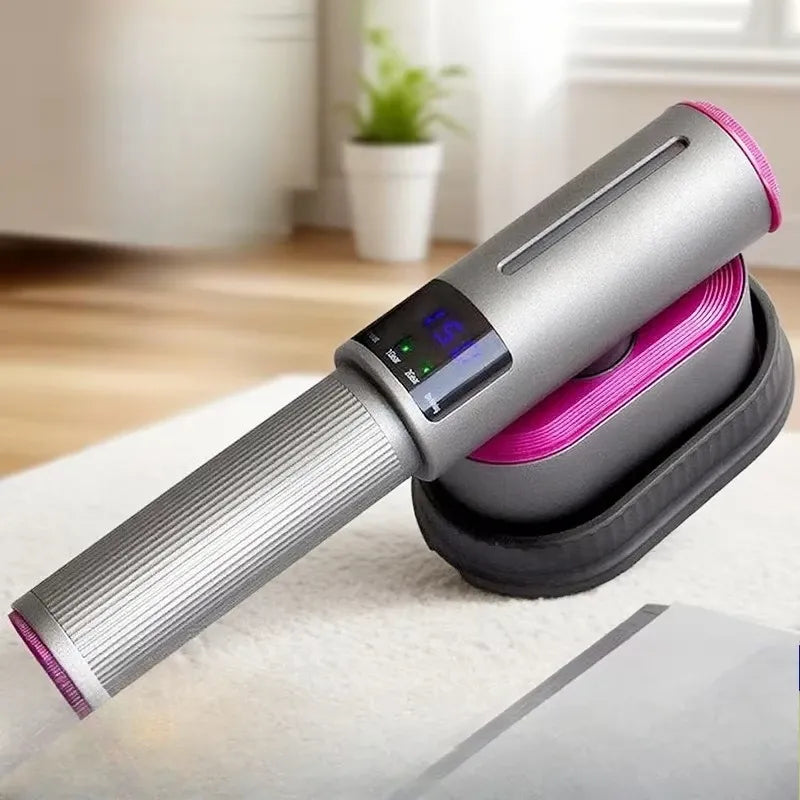 Handheld garment steamer in sleek grey and pink with a digital display resting on a stand.