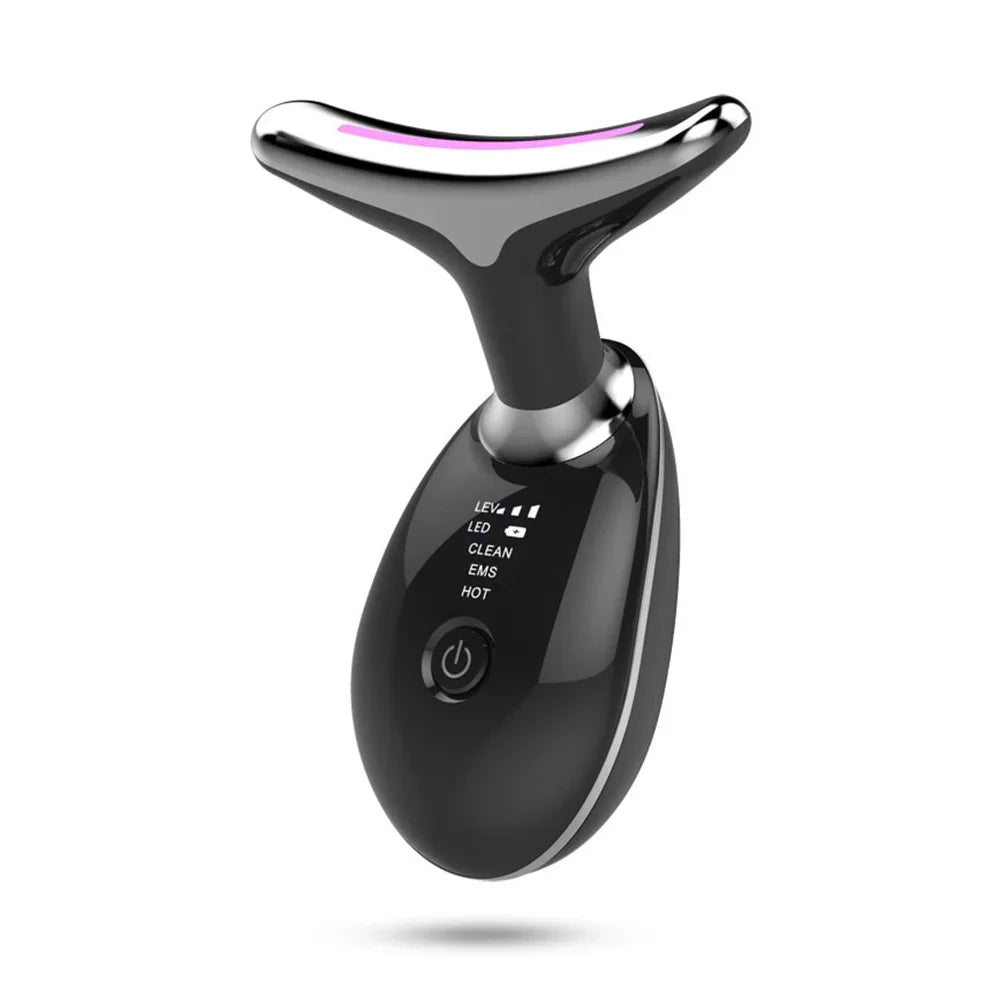 Black LED neck and face massager with a T-shaped silver head, digital display, and power button on a glossy body.