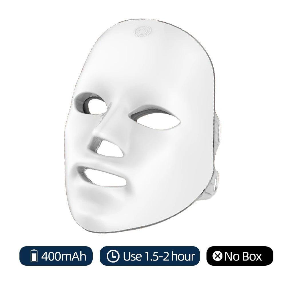 Smooth white plastic LED facial mask with a power button on the forehead, shown with technical specs below.
