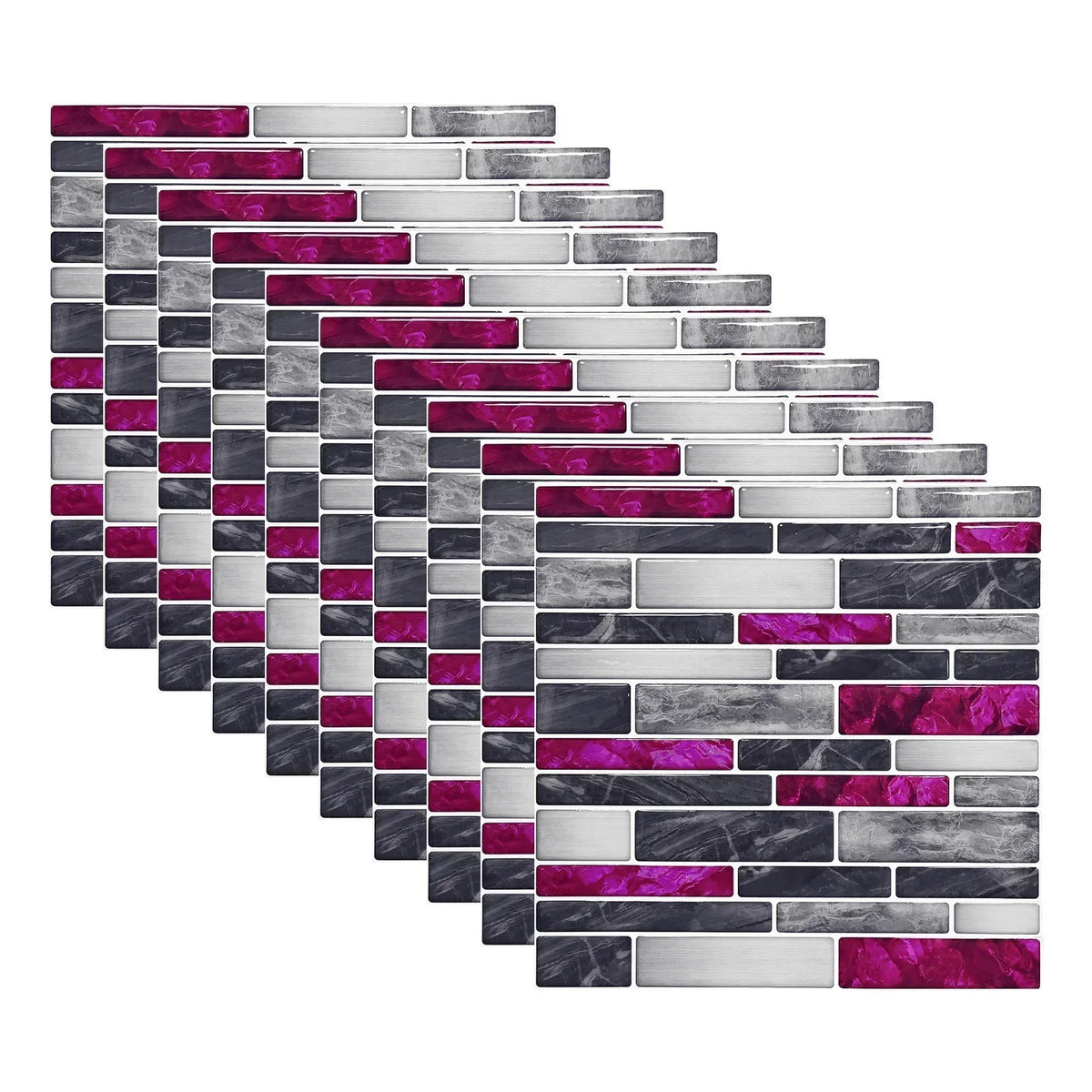 Self-adhesive marble mosaic tile stickers, magenta and white brick pattern