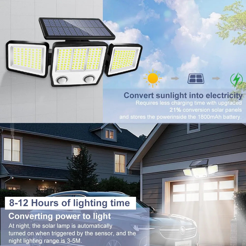 Solar Lights Outdoor 3 Heads Motion Sensor 286/236LED Security Flood Lights Waterproof 3 Modes Wall Lamp for Garden Patio Yard