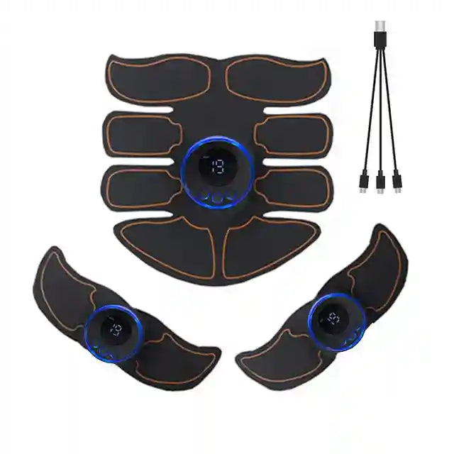 Black EMS muscle stimulator set with blue digital displays, copper-colored outlines, and a three-way USB charging cable.
