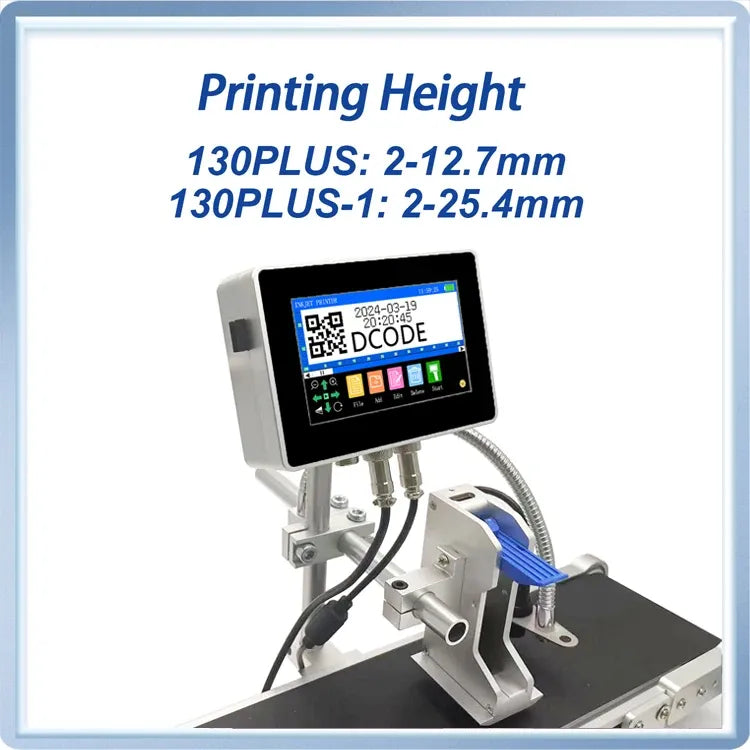 Close-up of industrial inkjet print head with touchscreen controller and cable-mounted nozzle