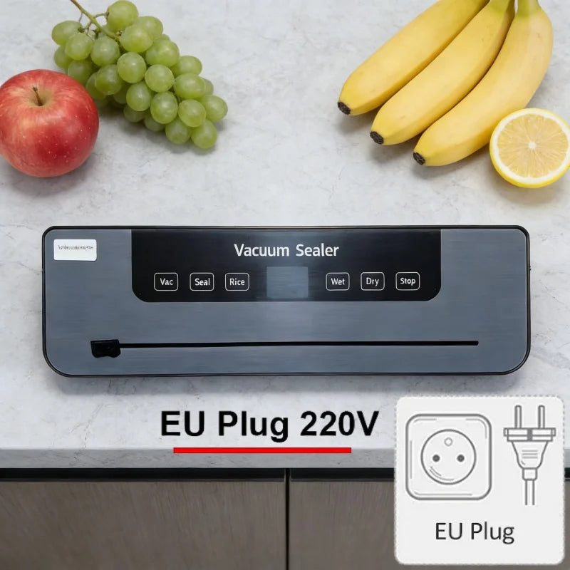 Grey electric vacuum sealer with front control panel and sealing bar, top view