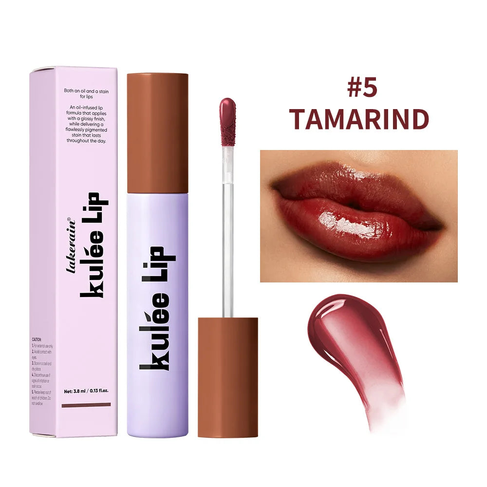 Kulfée Tamarind staining lip oil: moisturizing, long-lasting 2-in-1 glossy lip stain with deep red-brown pigment.