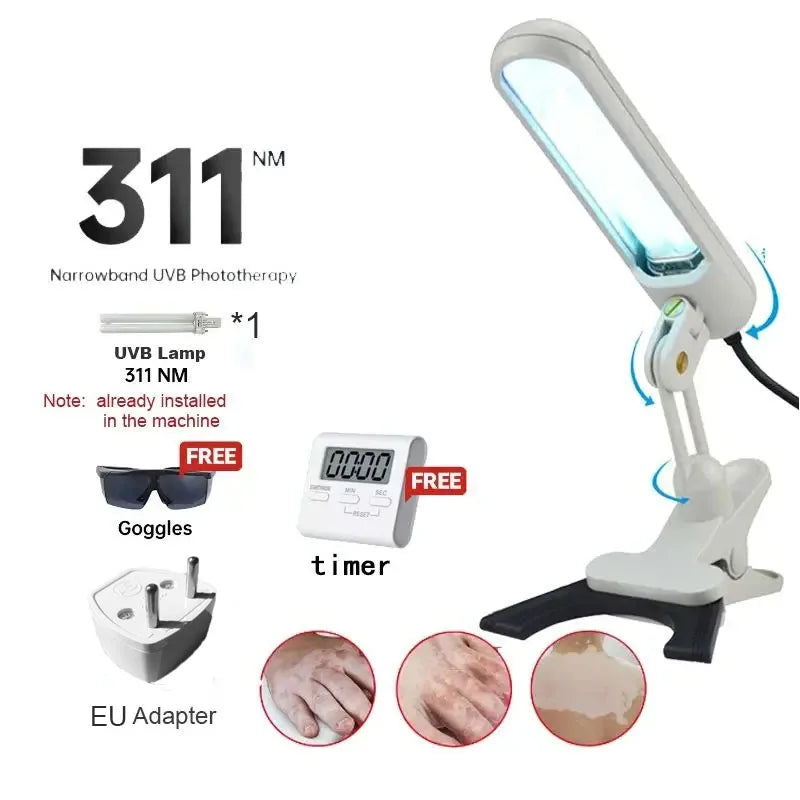 Narrowband 311nm UVB phototherapy lamp with clip-on stand, protective goggles, timer, and EU power adapter.
