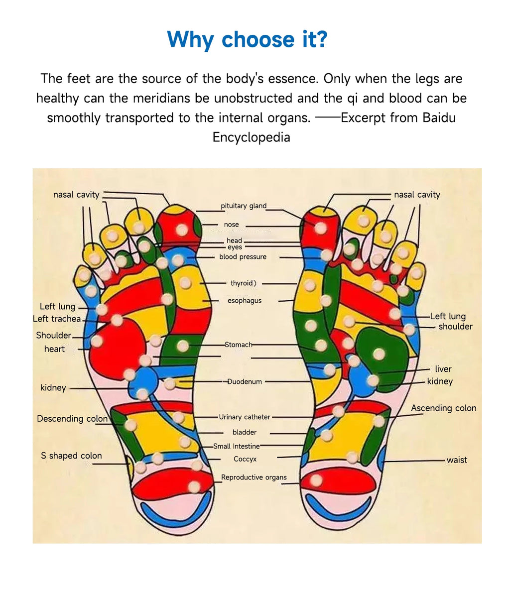Foot reflexology chart illustrating acupressure points for 4QUEENS circulation, pain relief, and leg massage therapy.