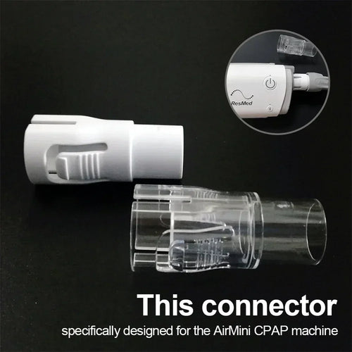 White and clear plastic CPAP hose connector for ResMed AirMini sleep apnea machine.