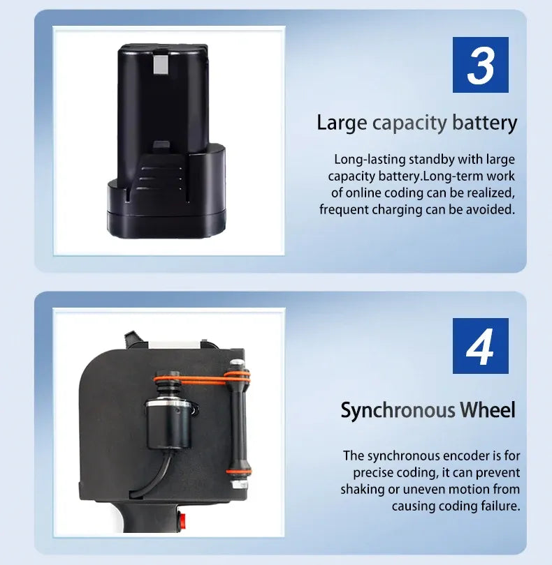 Handheld thermal inkjet printer with large capacity battery and synchronized wheel mechanism