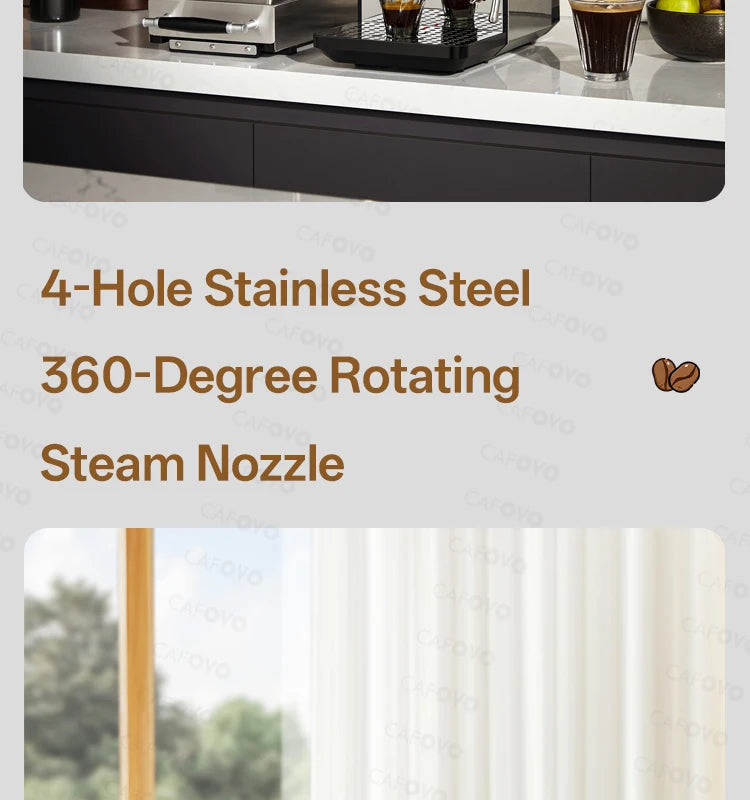 Cafovo stainless steel espresso machine with 4-hole 360-degree rotating steam nozzle for professional milk frothing.