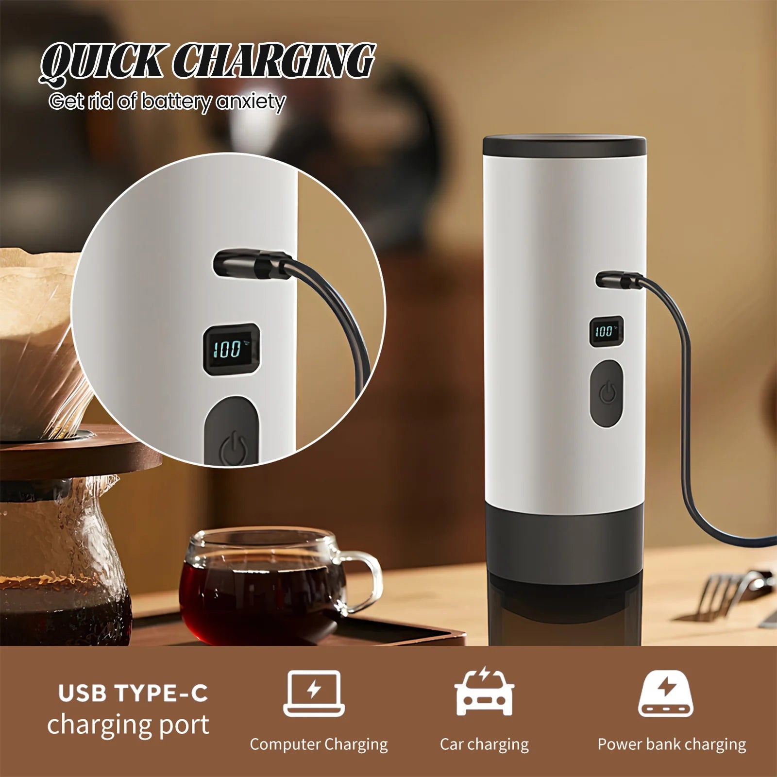 White portable rechargeable coffee maker with digital battery display and USB-C charging cable.
