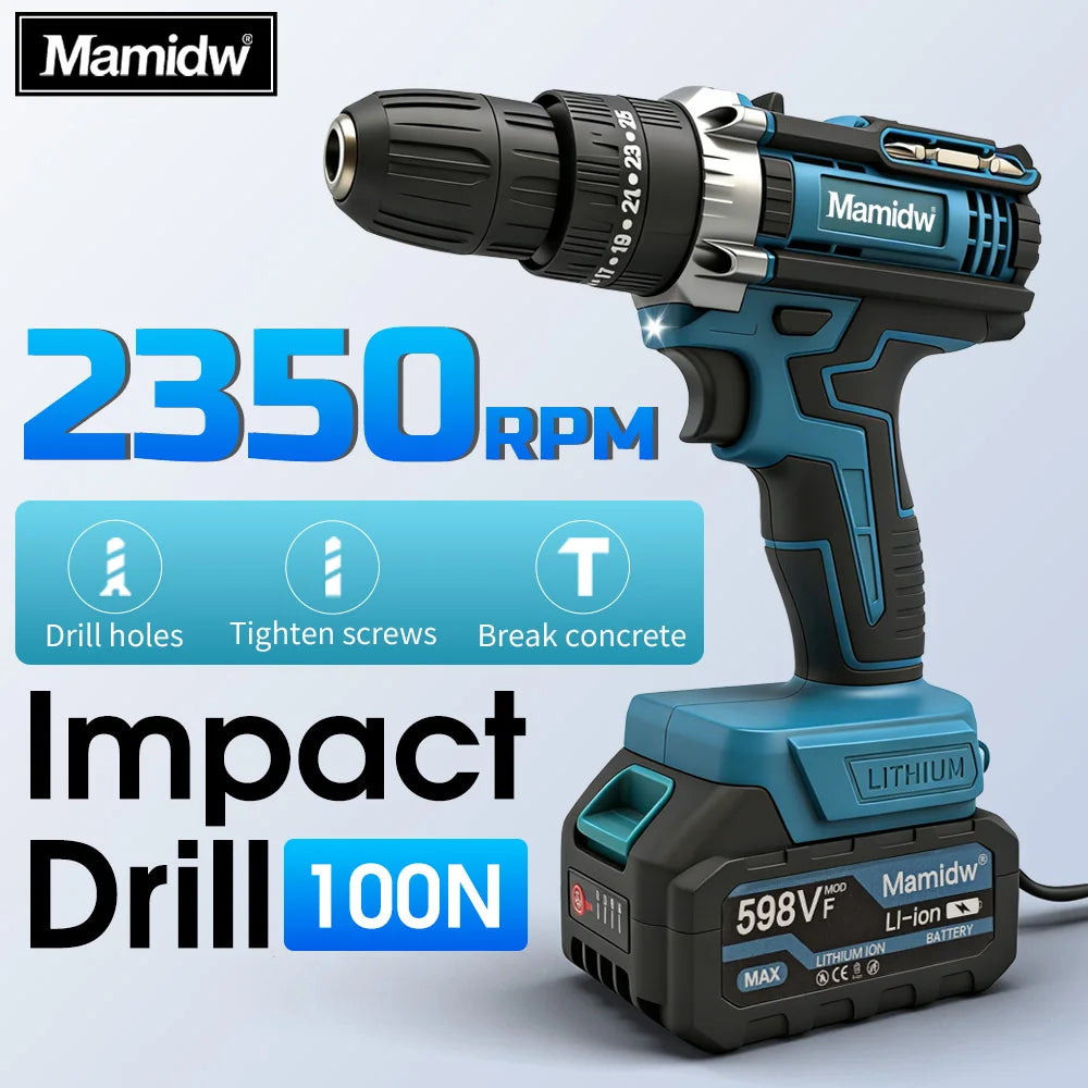 Mamidw 100N.m Industrial Cordless Drill Set, 3/8 Inch Keyless Chuck, LED Lighting, Practical Men Gift, Electric Drill, Compatible with Makita 18V Battery PIN.
