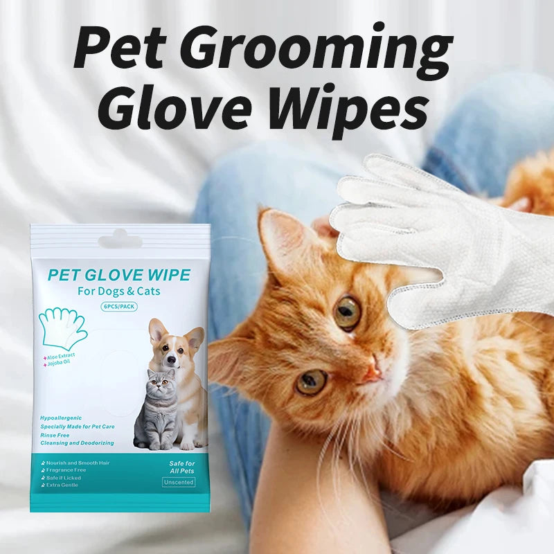 Gentle white disposable pet wash-free glove wipes for easy grooming, deodorizing, and cleaning dogs and cats.
