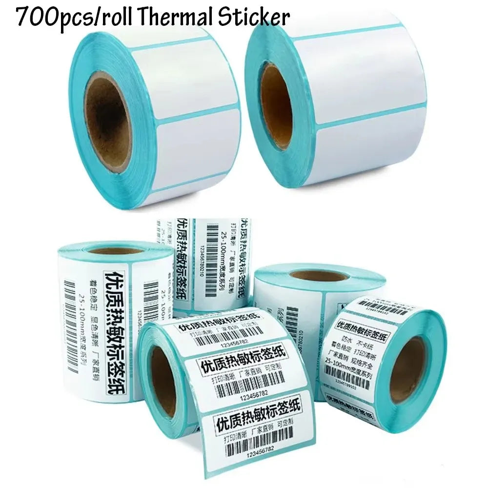 Thermal barcode label sticker rolls with multiple printed labels and teal edge borders