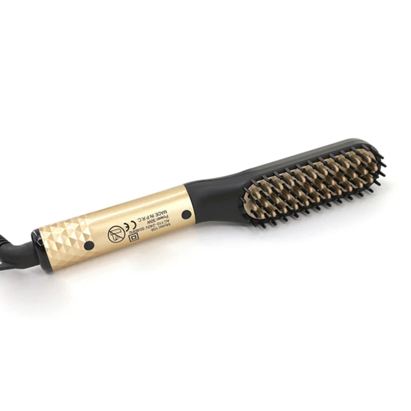 Gold and black portable beard straightener brush with fast-heating ceramic teeth for professional hair styling.