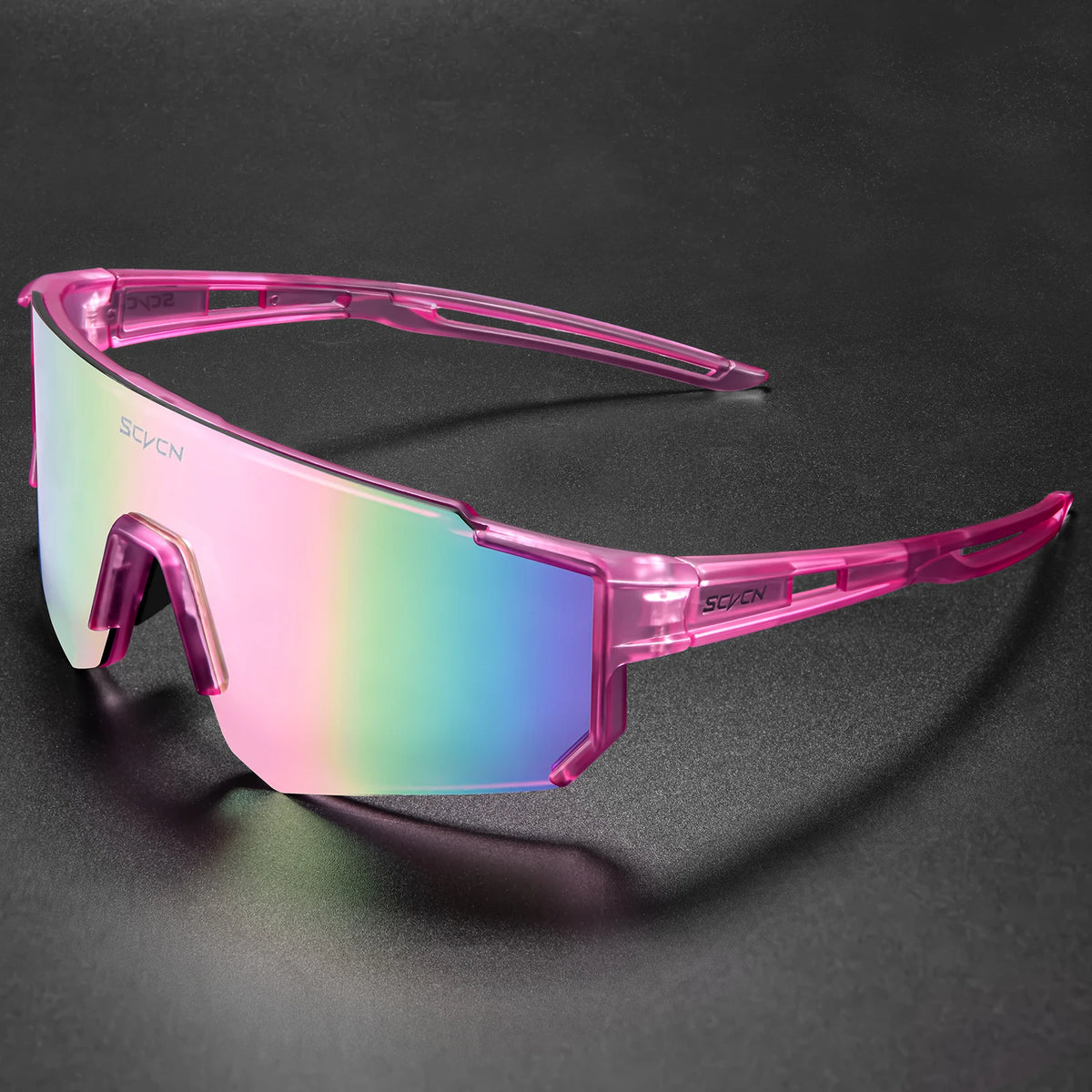 Pink cycling sunglasses with rainbow mirrored lens and wraparound sports frame