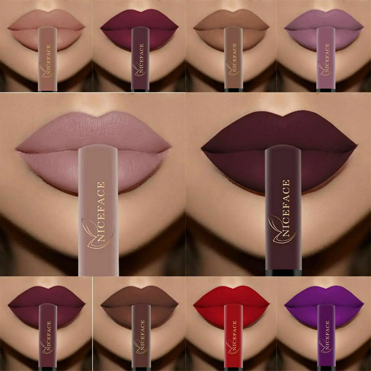 Collage of waterproof matte liquid lipsticks in 25 shades, featuring long-lasting pigment and smooth velvet finish.