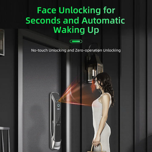 Smart door lock with keypad and camera module, shown on a door with a person
