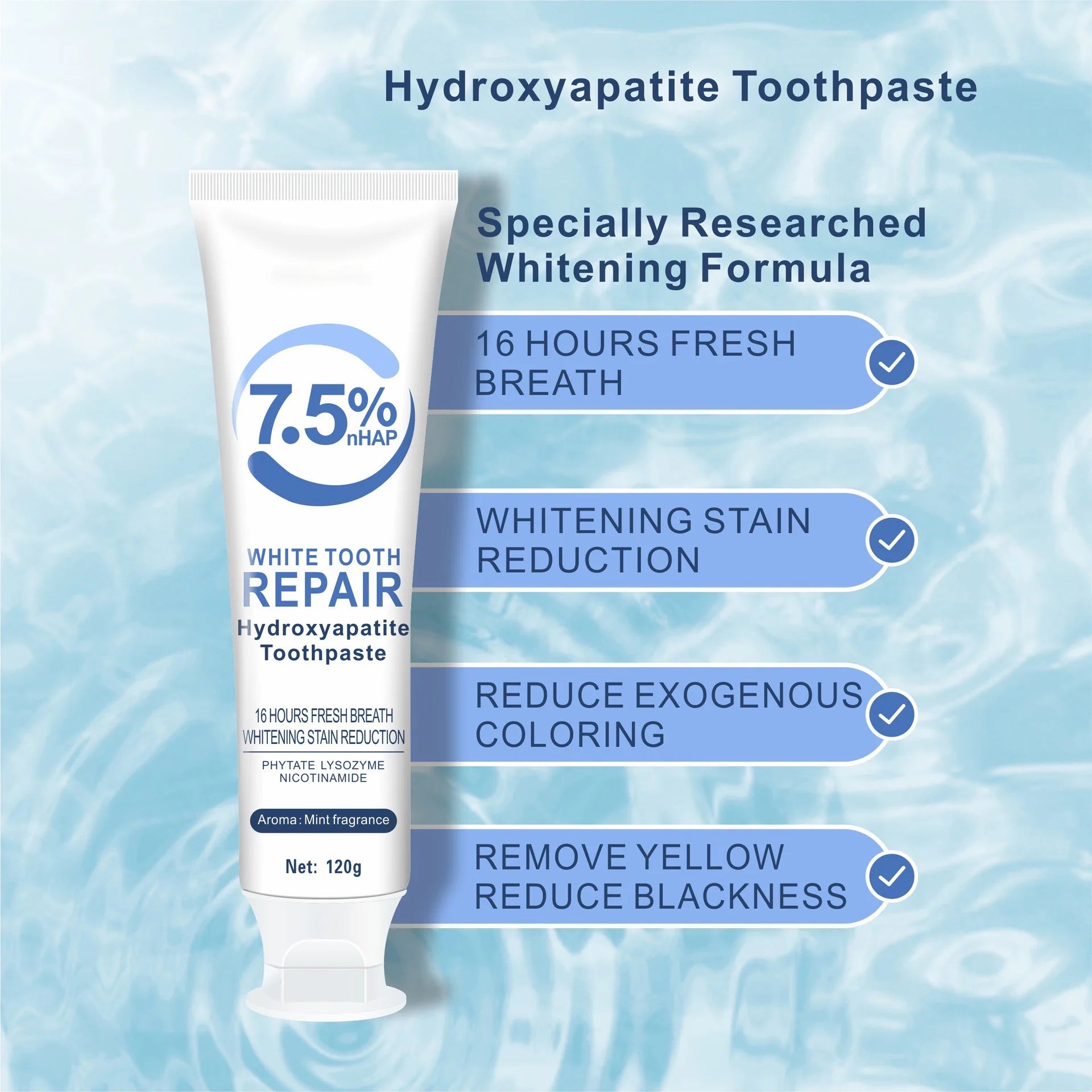 Tidesmit HAP toothpaste 120g with 7.5% hydroxyapatite for enamel repair, teeth whitening, and fresh breath.