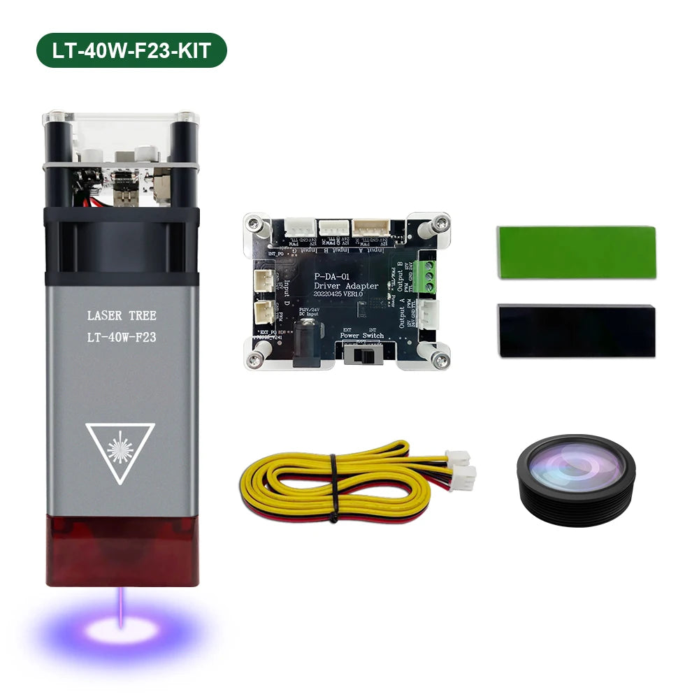 450nm laser module kit with black/red head, circuit board, yellow cables and lens