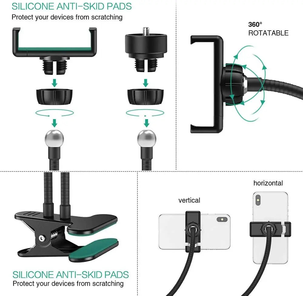 Black flexible phone holder with rotating ball joint, silicone pads, and strong clamp for mounting devices.