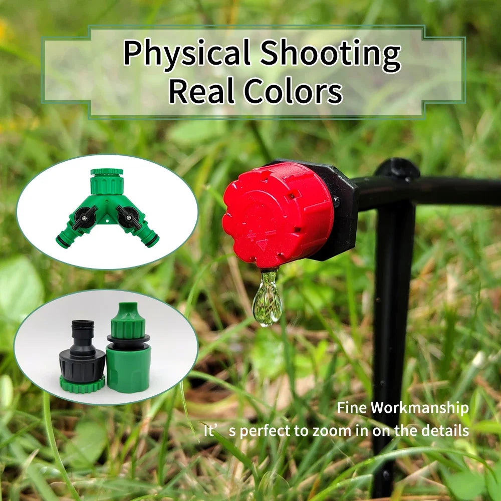 DIY drip irrigation nozzle set with red dripper and green adapter near hose outlet stake
