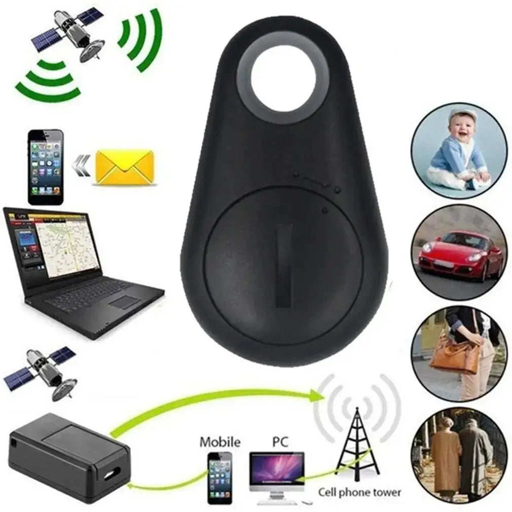 Black mini Bluetooth GPS pet tracker smart tag for real-time anti-lost location tracking on iOS and Android phones.