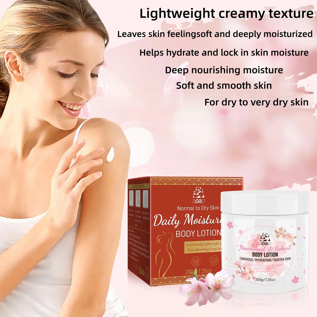 Sakura Niacinamide Moisturizing Body Lotion, infused with shea butter and cherry blossoms. Lightweight and non-greasy.