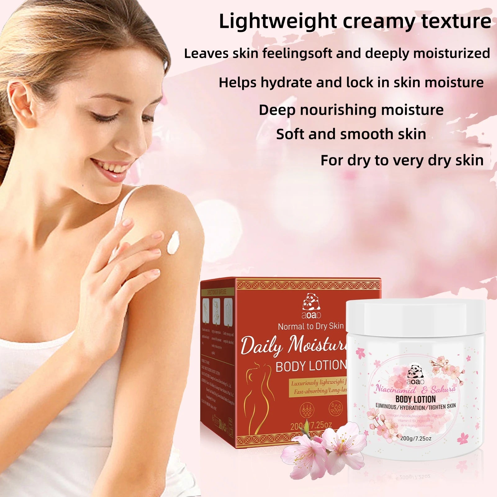 Sakura Niacinamide Moisturizing Body Lotion, infused with shea butter and cherry blossoms. Lightweight and non-greasy.