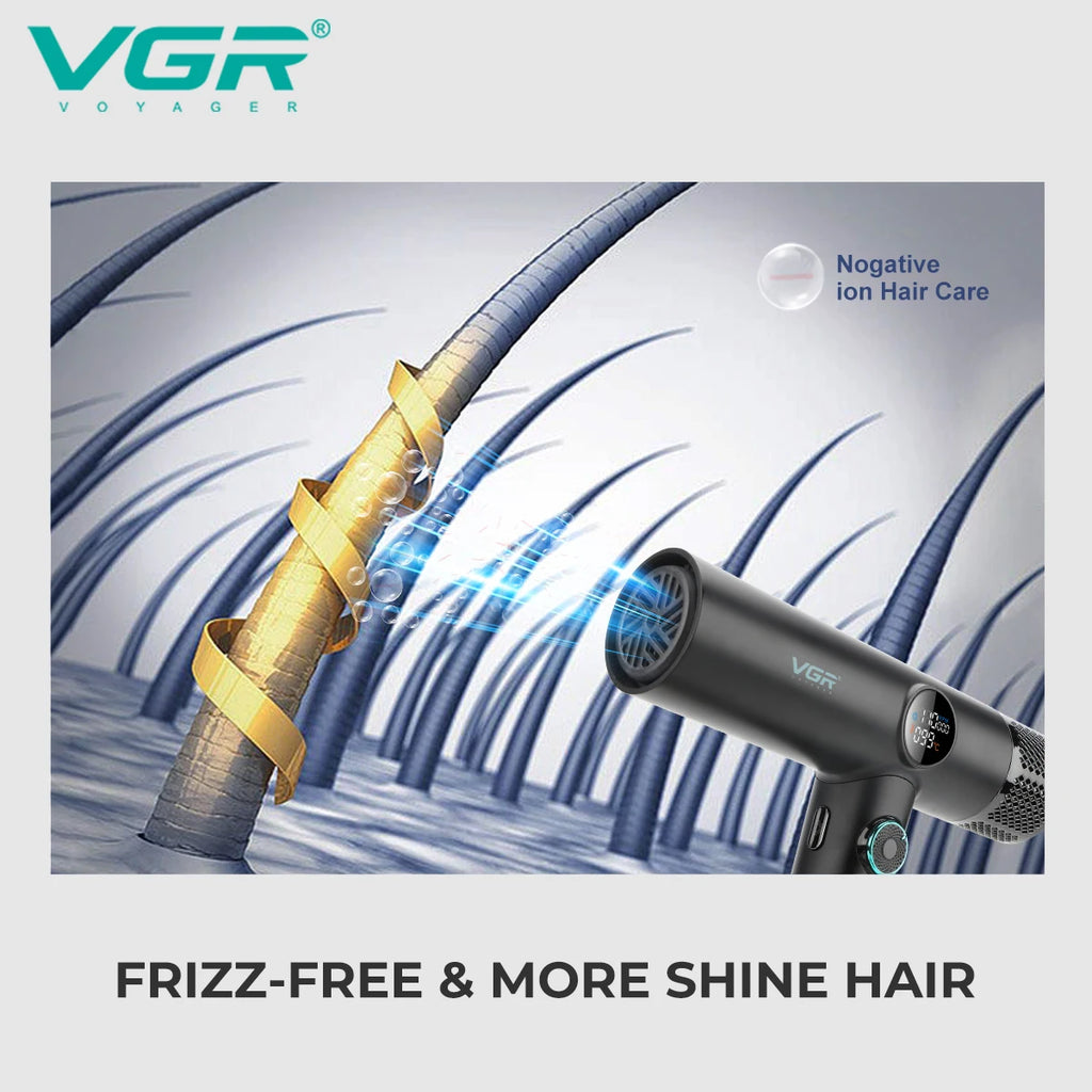 VGR V-401 professional ionic hair dryer with digital display and high-speed BLDC motor for frizz-free, shiny hair.