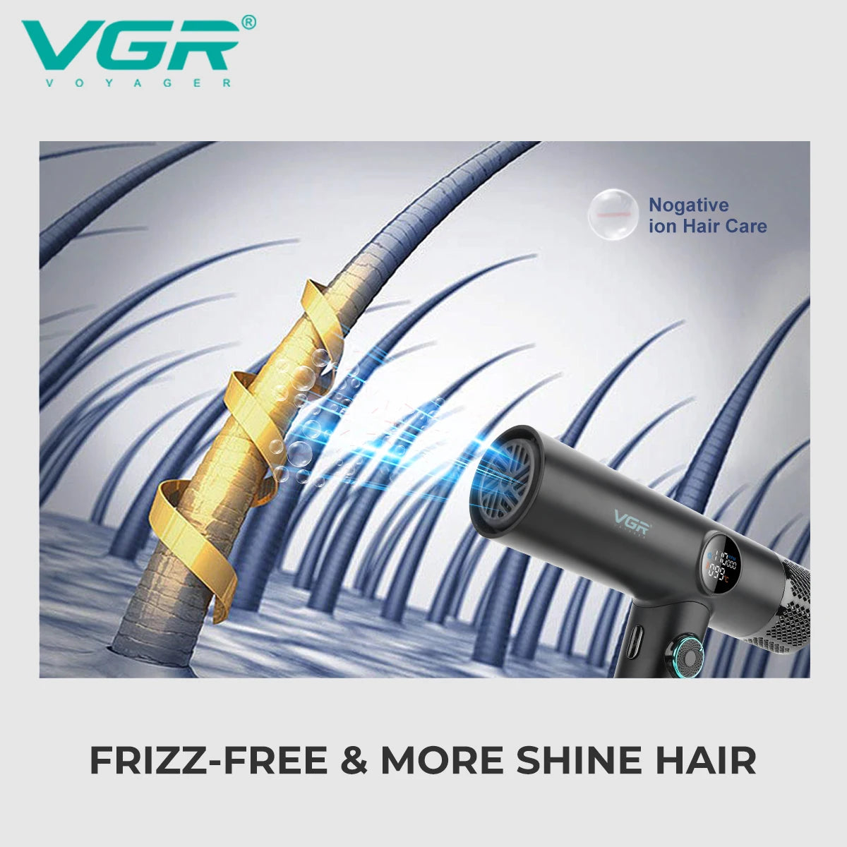 VGR V-401 professional ionic hair dryer in matte black, featuring digital display and frizz-free smoothing technology.
