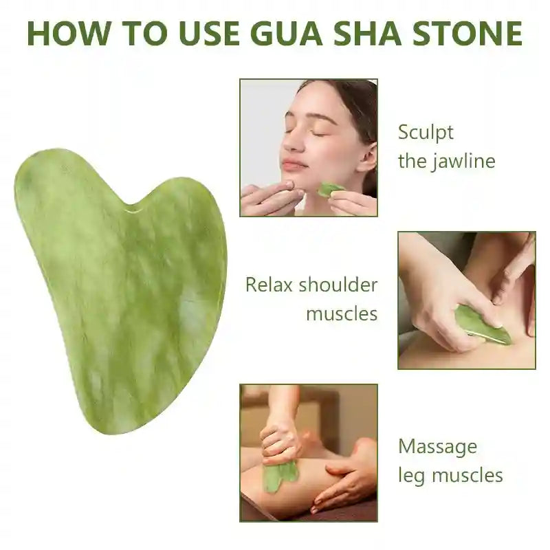 Heart-shaped light green jade gua sha stone for facial sculpting, shoulder muscle relief, and leg massage.