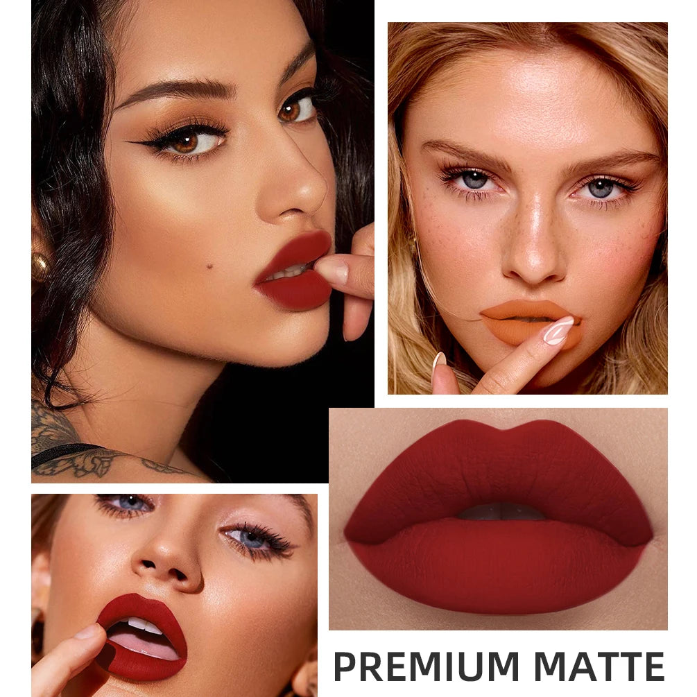 QIBEST sexy red velvet matte liquid lipstick on models for long-lasting, nonstick, premium lip makeup beauty look.