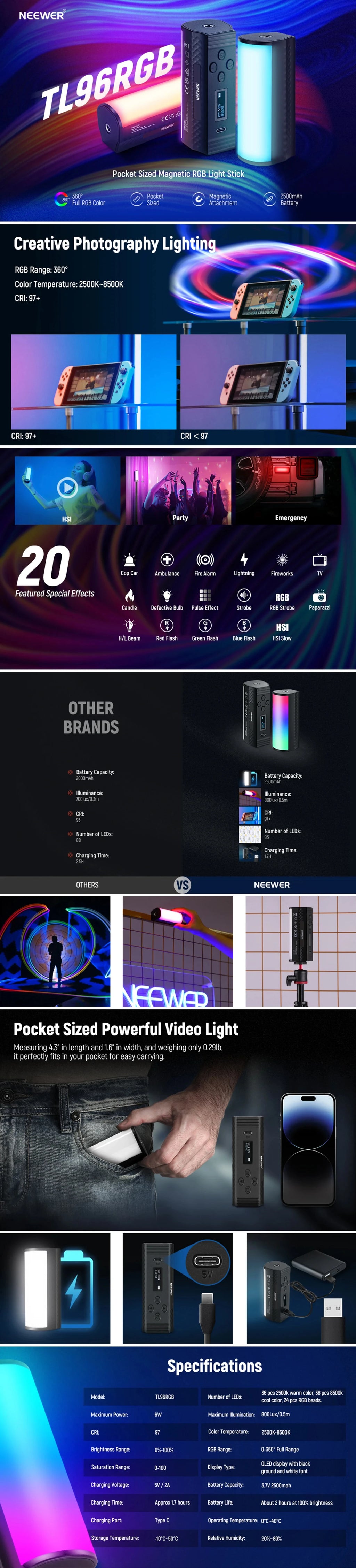 TL96RGB pocket-sized magnetic light stick in black with adjustable RGB color output for creative photography and video.