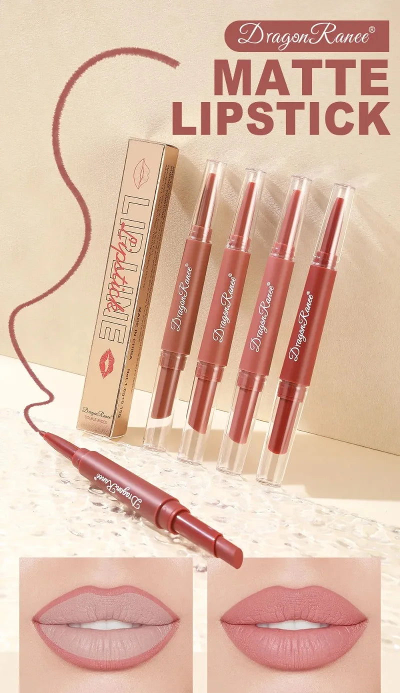 Dragon Ranee waterproof dual-ended matte lipstick and lip liner pencil set in rose red nude shades for velvet finish.